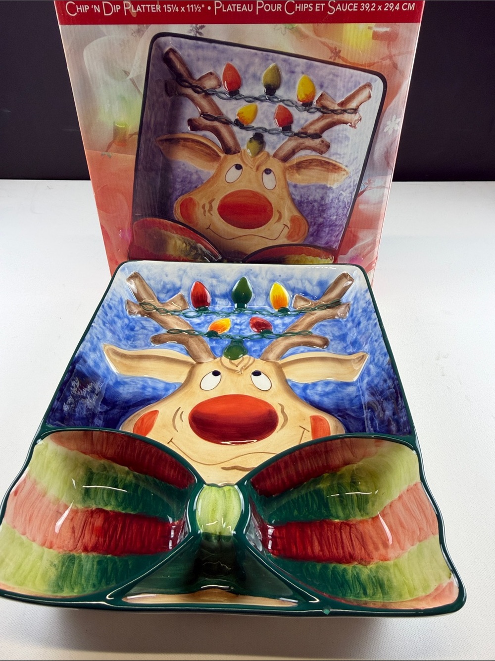 VINTAGE 2001 CLAY ART REINDEER CHRISTMAS CHIP DIP PLATTER ORIGINAL BOX